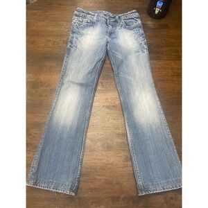 Y2K Miss Me Light Wash Bootcut Jeans Rhinestone Logo Flap Pocket Low Rise w29